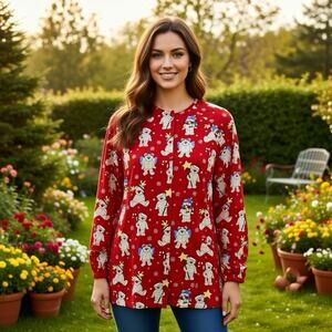 Women M Snap Button Front Long Sleeve Scrup Top Fundamental Cotton Animals VTG